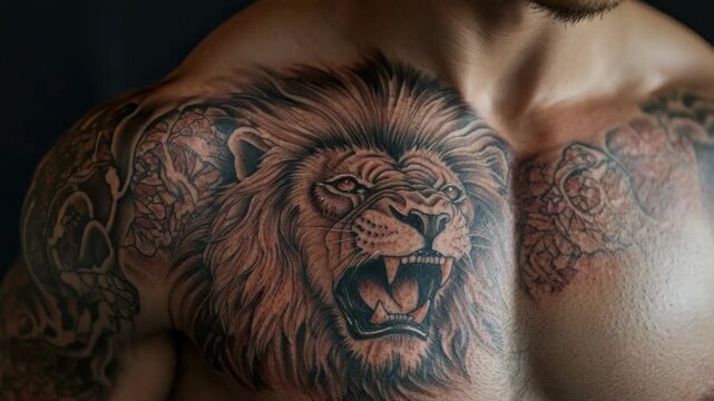 Chest and arm tattoos depicting a fierce lion and a bear.
