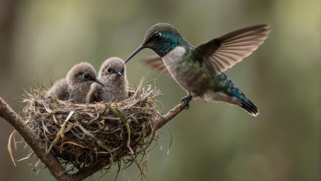 Hummingbird feeding its chicks in a nest on a branch.