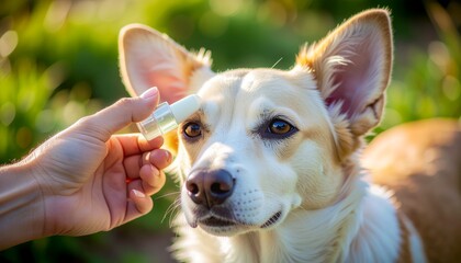 Overhead View of Hands Applying Pet Sunscreen. Morning Wellness Routine with Pets. A person's rubbing a pet-safe sunscreen onto the ear or nose of a dog before a morning outdoor activity.
