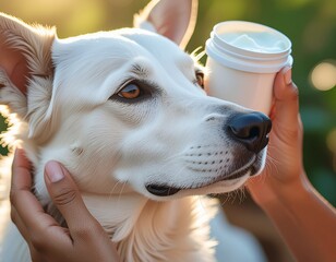 Overhead View of Hands Applying Pet Sunscreen. Morning Wellness Routine with Pets. A person's rubbing a pet-safe sunscreen onto the ear or nose of a dog before a morning outdoor activity.
