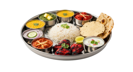 Indian Thali meal with rice chicken tikka paneer spinach dal and naan image, Isolated On Png Transparent Background