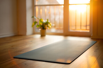 Mental fitness space Empty yoga mat by window sunrise light plant calm minimal sanctuary peaceful
