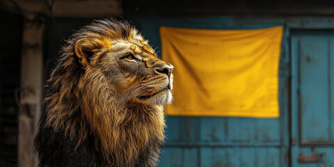 Majestic Lion Looking Up Beside Yellow Banner