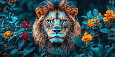 Majestic Lion Portrait with Blue Foliage and Flowers