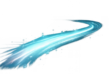 Blue energy beam creating an abstract light effect, moving with dynamic motion. Includes a fluid splash or stream, on transparent background