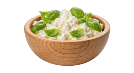 White cottage cheese in wooden bowl garnished with fresh green basil leaves dairy food, Isolated On Png Transparent Background