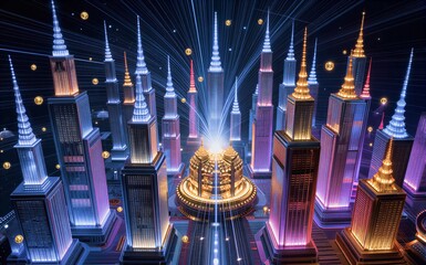 Futuristic cityscape of glowing skyscrapers under radiant light beams and floating orbs.