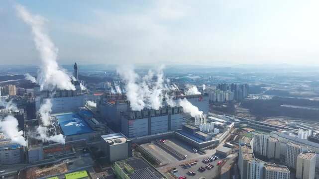 Aerial view over semiconductor manufacturing plant in Icheon City, South Korea