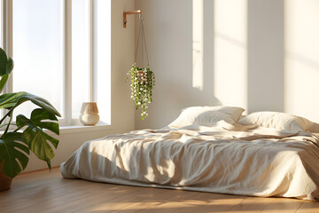 Mental reset space Empty bed with linen sheets morning light window view plants calm sanctuary rest