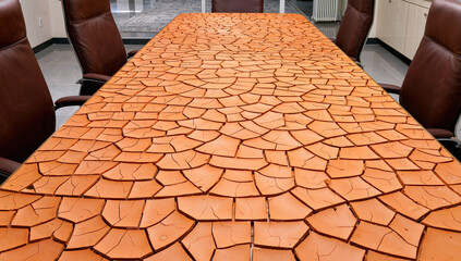 Long Conference Table with Cracked Wood Texture and Brown Leather Chairs