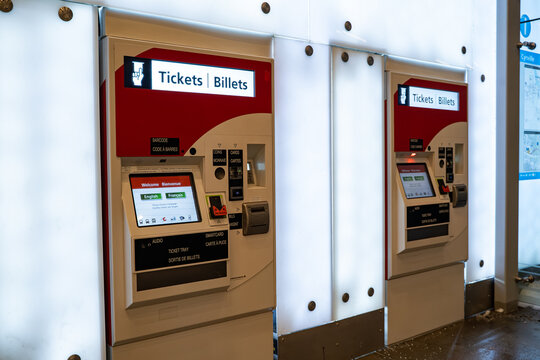 View of ticket vending machines at Ottawa train station. Ottawa, Canada - December 16, 2025.