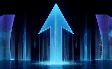 Futuristic glowing arrow surrounded by digital towers, vibrant blue and purple neon lights.
