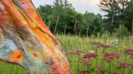 As if it were a window to another world a floating tapestry adds an element of wonder and whimsy to a peaceful meadow.