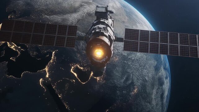 Satellite orbiting Earth, space exploration, advanced technology, global communication, scientific research, future of humanity.