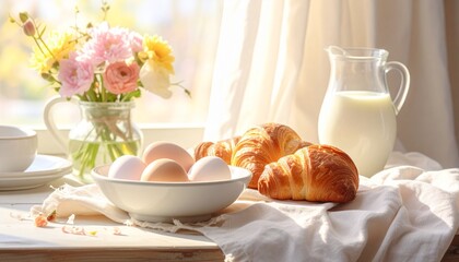아침 햇살이 비치는 크루아상과 달걀, 우유의 브런치 정물 Sunny Breakfast Still Life with Croissants, Eggs, Milk, and Flowers