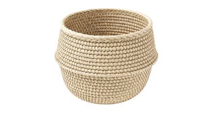 Woven natural fiber basket with braided rim and textured body straw, Isolated On Png Transparent Background