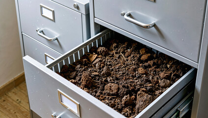Filing Cabinet Drawer Filled with Soil and Debris
