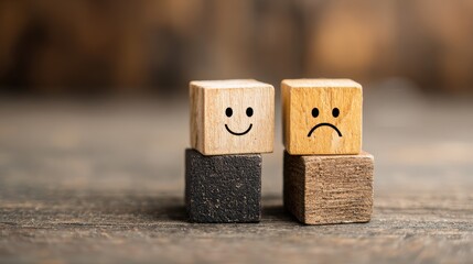 Mental health and emotional state, Smile face in bright side and sad face in dark side on wooden block cube for positive mindset selection, expression, mask, bipolar, generate by AI