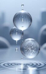 Floating glass spheres with light patterns, water ripples below.