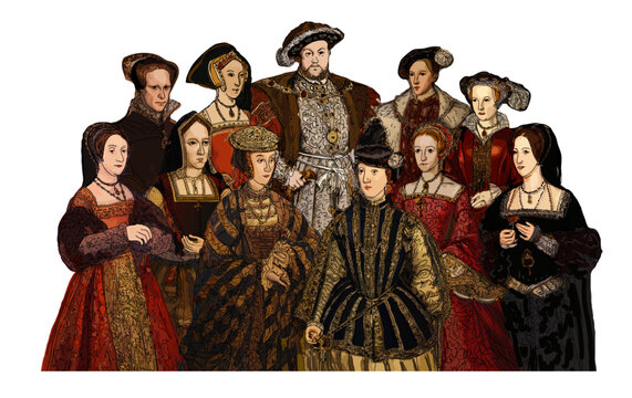Henry VIII (1491- 1547) with six wives and children, Mary I, Elizabeth I, Edward VI, and Henry FitzRoy.