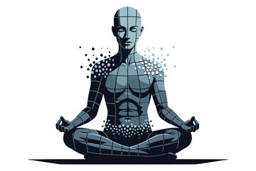 Robot sitting in yoga pose with dots coming out of body  meditative cyborg
