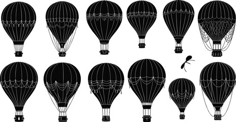 Hot air balloon silhouette, black vector icons, unique balloon shapes, ant anomaly, whimsical contrast, travel symbol, adventure theme, decorative set © farzana