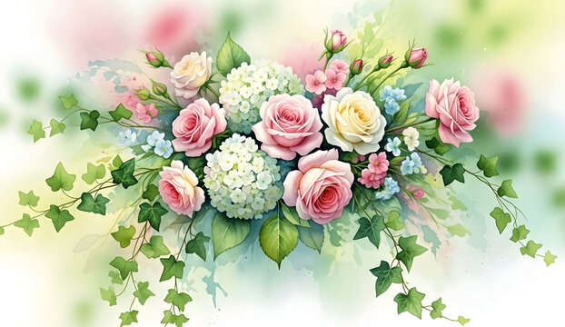 Elegant watercolor floral bouquet with pink roses white hydrangeas and green ivy