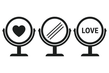 Three black and white globe icons with heart lines and love text on stands