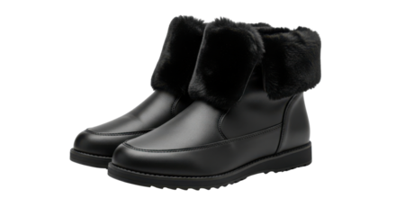 Pair of black leather boots with black fur trim on black background footwear shoe, Isolated On Png Transparent Background