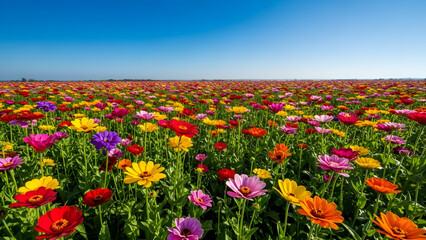 Obraz premium Stunning vibrant flower field under a clear blue sky, showcasing a diverse array of colorful wildflowers in full bloom, evoking feelings of serenity and natural beauty.