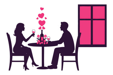 Couple sitting at a table with wine glasses and bottle on a romantic evening