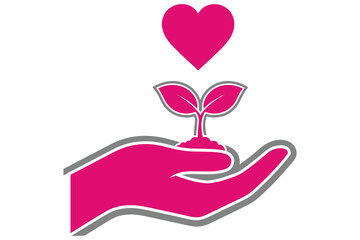 Pink hand holding a small plant with heart above it symbolizing care and love for nature
