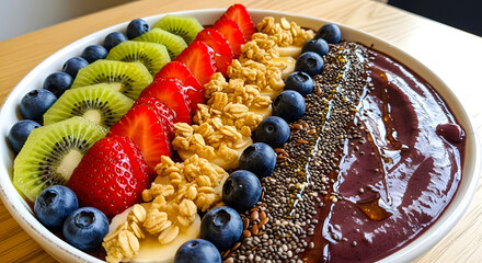 Acai bowl with fresh fruit and granola toppings on a wooden table
