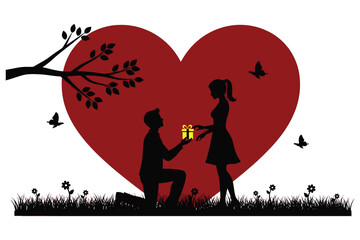 man proposing to woman with gift box in front of big red heart  romantic couple silhouette
