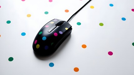 A black computer mouse with colorful polka dots on a white background