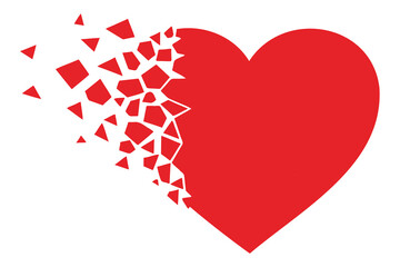 Shattered heart symbol with broken pieces flying out to the side on white background
