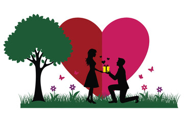 man on one knee giving gift to woman in front of big heart