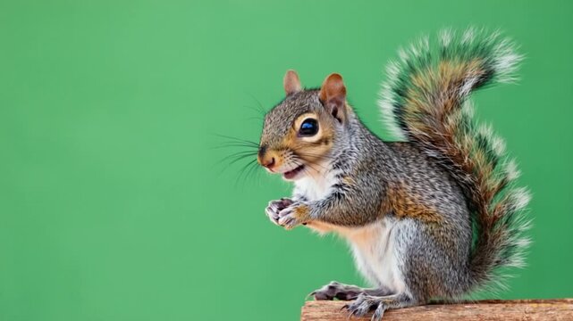 Adorable squirrel standing on wood against green background