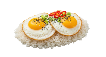Two fried eggs with runny yolks on white rice garnished with chili and green onions yellow, Isolated On Png Transparent Background