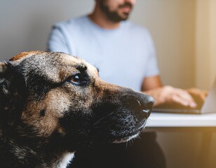 Person Doing Desk Work with Dog Head on Lap. Morning Wellness Routine with Pets. A person seated at a desk typing on an laptop with a dog's head resting heavily and affectionately on their lap/thigh.
