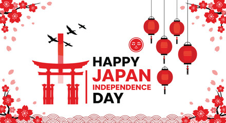 Japan themed celebration illustration, traditional cultural elements graphic, torii gate and lantern design, festive red floral frame artwork composition © Farzana