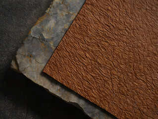 Regenerative material close-up Mycelium leather swatch on stone background organic texture sustainable innovation