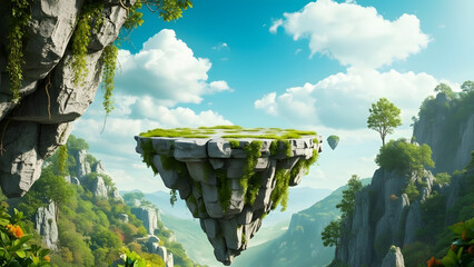 Explore a surreal landscape of floating islands with lush greenery under a vibrant blue sky. This breathtaking scenery invites you to escape into a world of fantasy and wonder.
