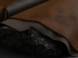 Regenerative material close-up Mycelium leather swatch on stone background organic texture sustainable innovation