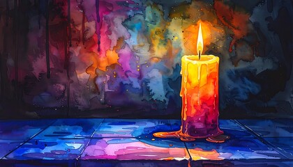 Warm, colorful candle with dripped wax on a tiled floor before a vibrant, blurred background, creating a moody atmosphere