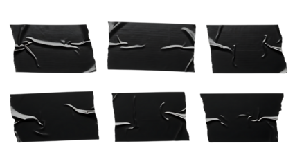 Collection of six crumpled black duct tape pieces isolated on a plain background transparent background