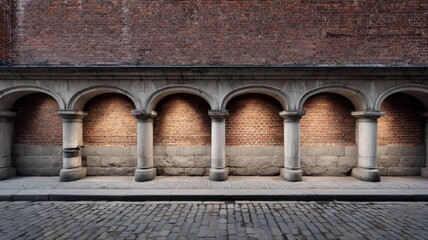 Architectural facade featuring arches and columns against a brick wall, showcasing historical building design and texture