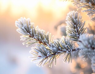 따뜻한 겨울 햇살 속 서리 맺힌 소나무 가지 Frosted pine branch in warm winter sunlight