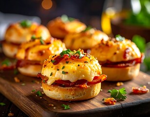 Warm, golden bacon and cheese sliders sit on a wooden board with a blurred background of herbs and bokeh lights