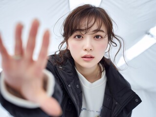 Naklejka premium 手を伸ばして制止や距離感を伝える若い女性のリアルな感情表現イメージ写真
